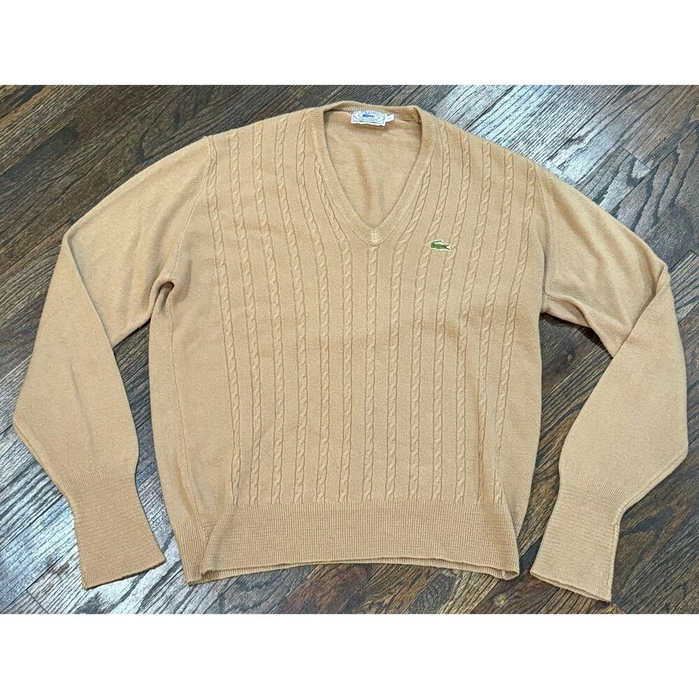 Vintage Izod Lacoste Sweater Mens Large Cable Knit Brown 1980s Pullover V Neck